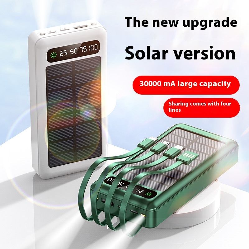 Black solar power bank with cable, 30000mAh mobile power supply, industrial style plastic shell