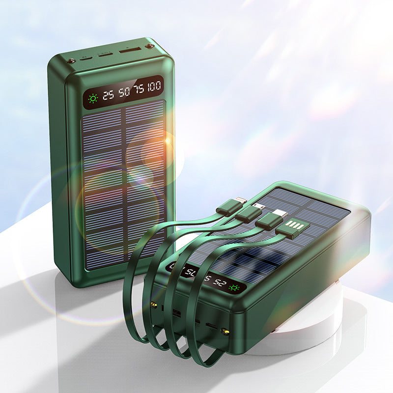 Black solar power bank with cable, 30000mAh mobile power supply, industrial style plastic shell