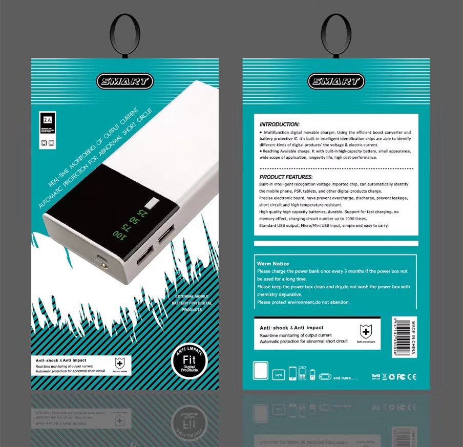 Batterie Externe 20000mAh Lithium 18650 — Coque Aluminium, Câble Inclus