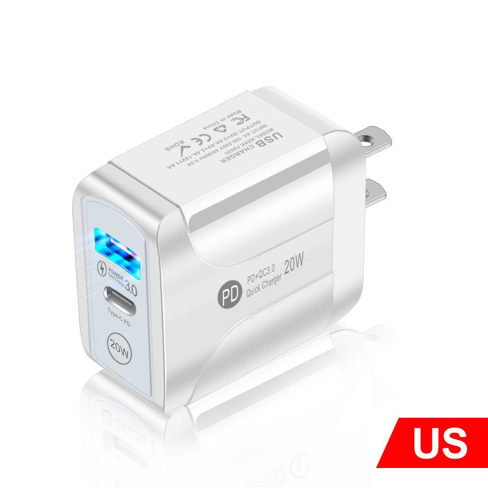 European standard QC3.0+PD20W fast charge mobile phone travel charger in white and black with round feet plug