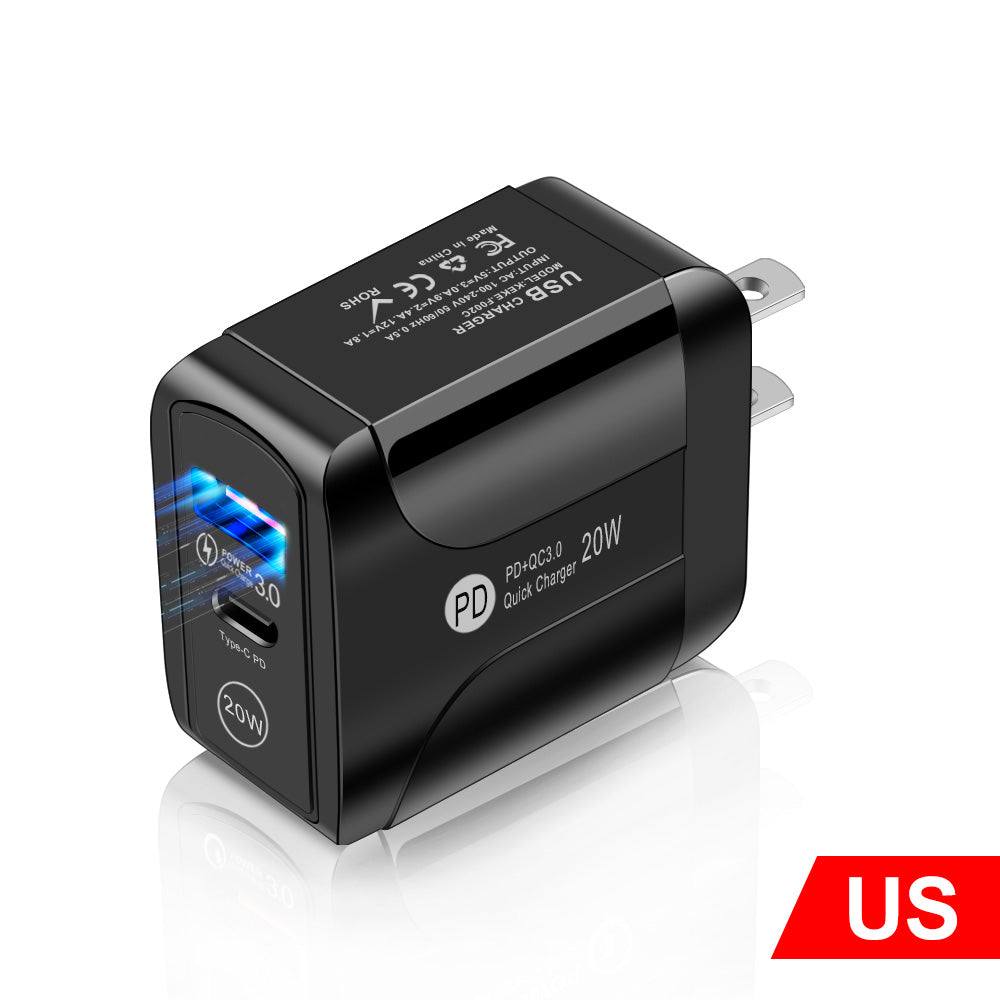 European standard QC3.0+PD20W fast charge mobile phone travel charger with round feet plug in white and black colors