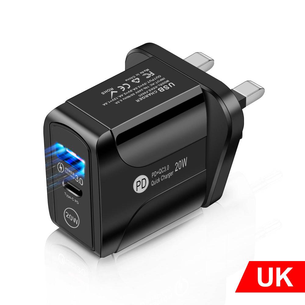 European standard fast charge travel charger with round feet and USB-A plus Type-C ports in white and black colors