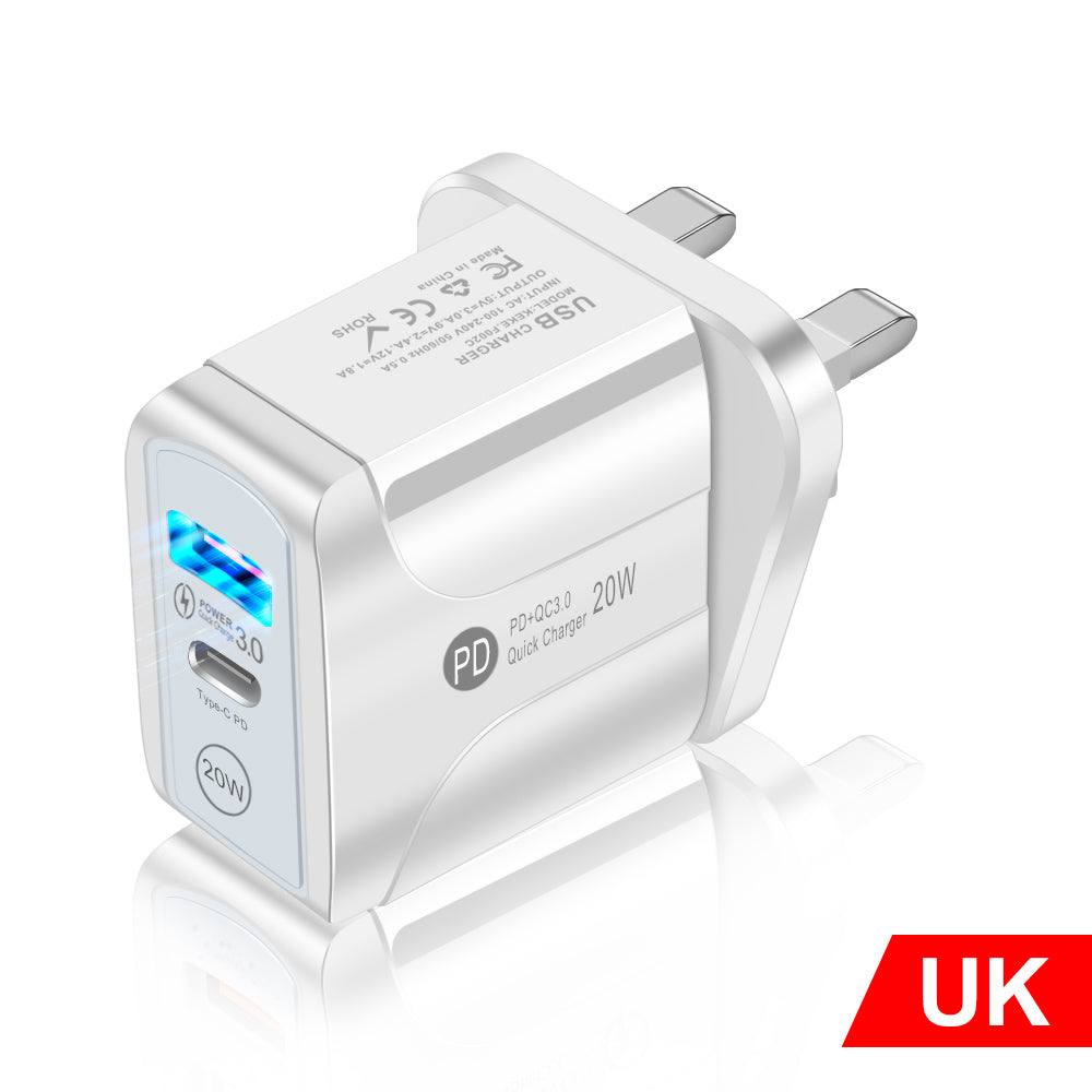European standard QC3.0 fast charge travel charger with round feet and USB-A plus Type-C ports in white and black