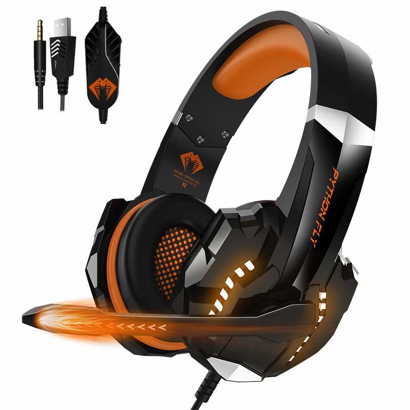 Wired gaming headset with USB plug and microphone in red, purple, blue, and orange colors