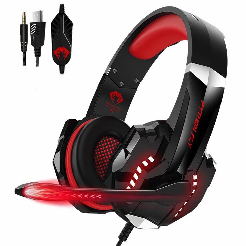Red wired gaming headset with USB plug and built-in microphone