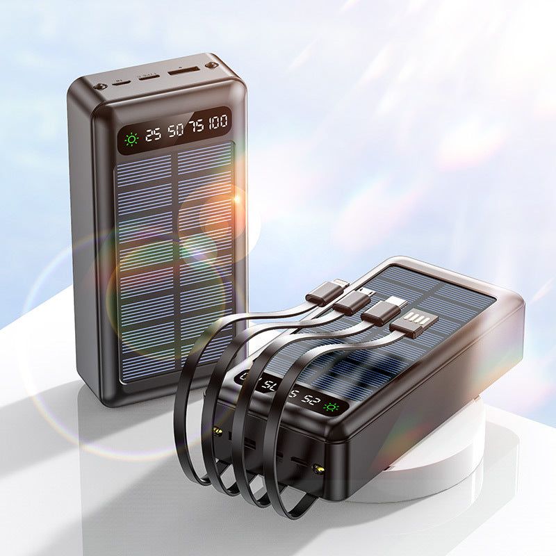 Black solar power bank with cable, 30000mAh mobile power supply in industrial style