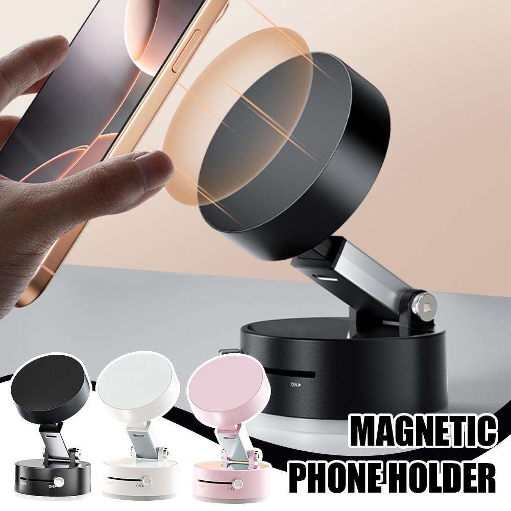Foldable magnetic vacuum car phone holder with suction cup for hands-free smartphone navigation and secure dashboard mounting